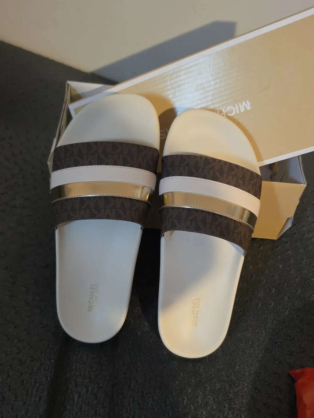 Michael Kors Brown, White and Gold Logo-Trim Slide Sandals